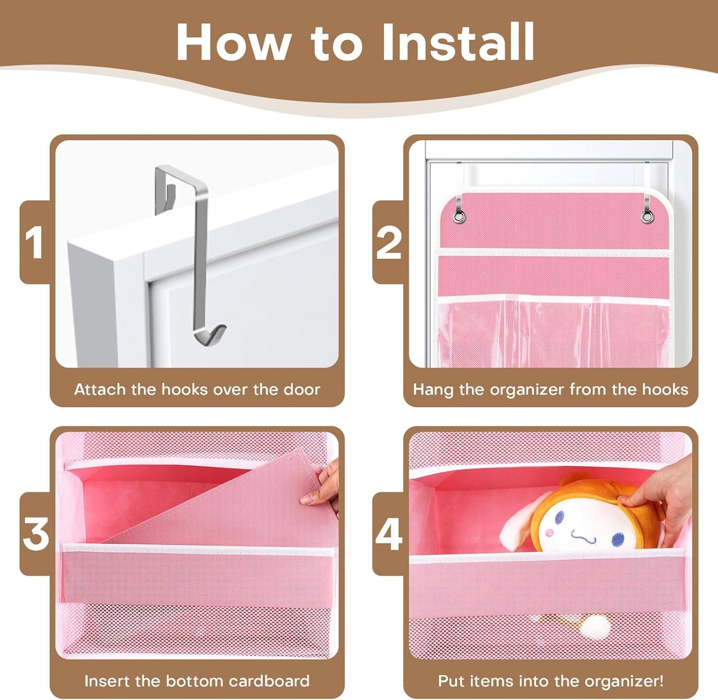 SpaceWhisper Over the Door Organizer, 4 Large Pocket Hanging Storage Organizer with 40lb Capacity, Space Saving for Nursery, Bathroom, Bedroom, Closet - Baby Essentials & Toiletry Organizer (Pink)