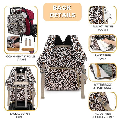 ROSEGIN Diaper Bag Backpack with Changing Pad, Pacifier Case, Baby Bag for Boy Girl Toddler - Large, Stylish, Waterproof Travel Quilted Diaper Bag for Mom - Baby Shower - Cheetah