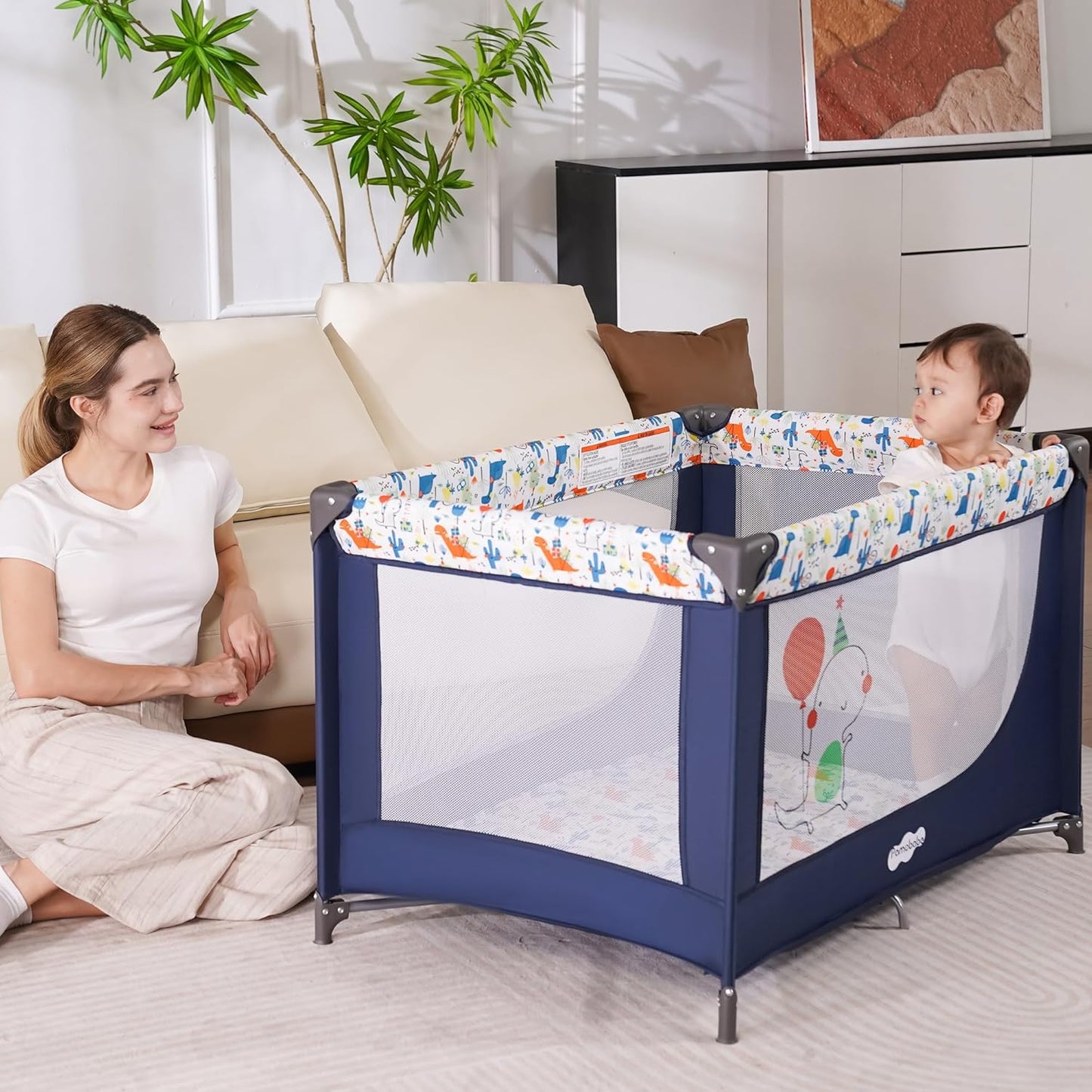 Pamo Babe Compact Pack and Play - Portable Crib for Baby, Lightweight Foldable Travel Playard with Mattress Pad & Carry Bag, Safe Breathable Travel Bed for Home, Trips & Family Visits, Black
