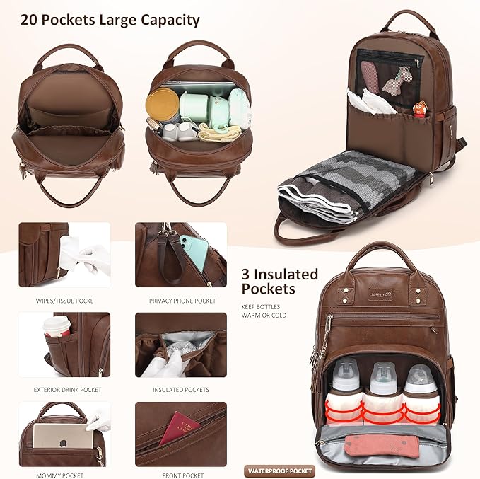 ROSEGIN Premium Vegan Leather Diaper Bag Backpack with Waterproof Changing Pad, Reinforced Zippers & Odor-Free,20 Pockets Pro Organizer, Fits 15.6" Laptop, Stroller Straps, Baby Bag for Mom,Dark Brown