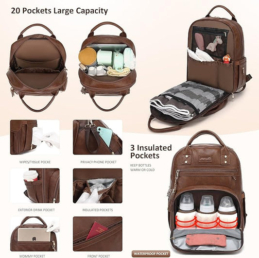 ROSEGIN Premium Vegan Leather Diaper Bag Backpack with Waterproof Changing Pad, Reinforced Zippers & Odor-Free,20 Pockets Pro Organizer, Fits 15.6" Laptop, Stroller Straps, Baby Bag for Mom,Dark Brown