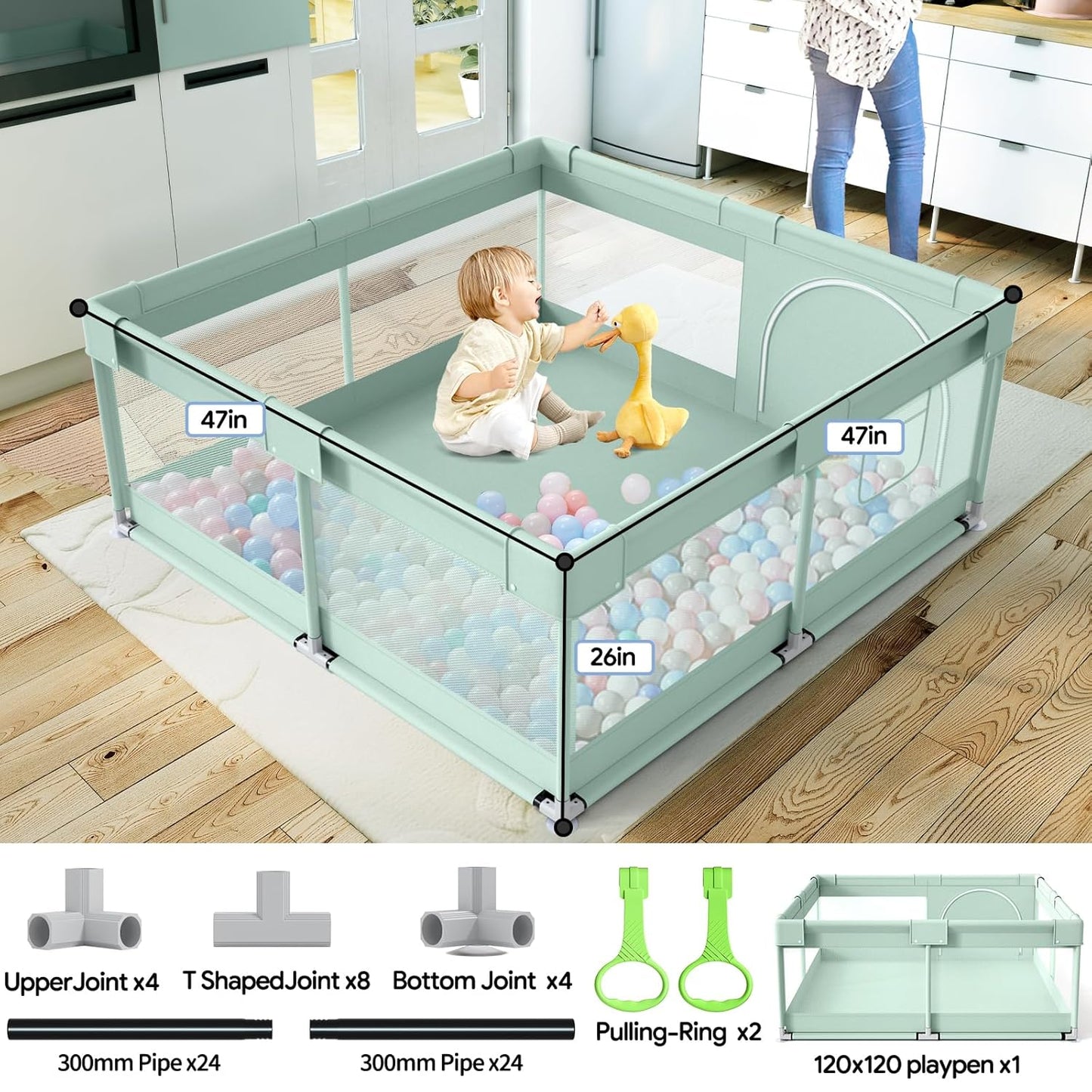 Fodoss Baby Playpen 50×50in, Small Play Pen for Babies and Toddlers, Playpen for Apartment, Play Yard, Activity Fence, Baby Playard with All-Side Mesh, Pull Rings