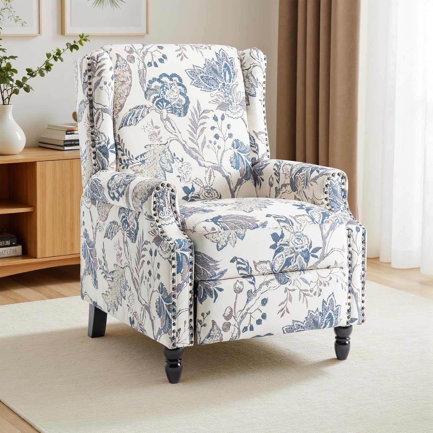 Swivel Rocker Recliner Chair, Manual Nursery Glider Recliner, Floral Fabric Wingback Accent Chair with Adjustable Backrest & Footrest for Small Spaces Living Room Bedroom (Plants Floral, Set of 1)