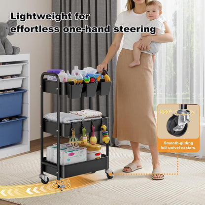 3 Tier Rolling Cart Metal with Lockable Wheels, Pink Three Tiered Diaper Caddy Cart Organizer on Wheels, Storage Utility Trolley Carts for Craft, Art, Nail, Lash, Baby Supplies, Cleaning, Mesh