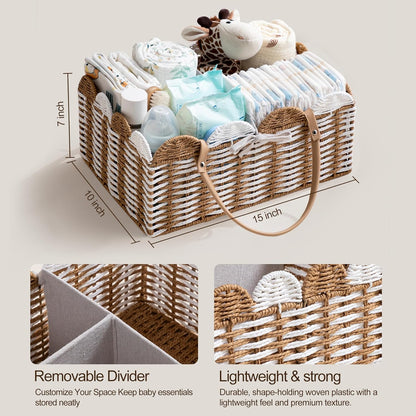 HBlife Large Baby Diaper Caddy, Paper Rope Storage Baskets Nursery Bin with Removable Divider, Portable Car Organizer for Diapers, Baby Shower Gifts, Newborn Essentials Must Haves