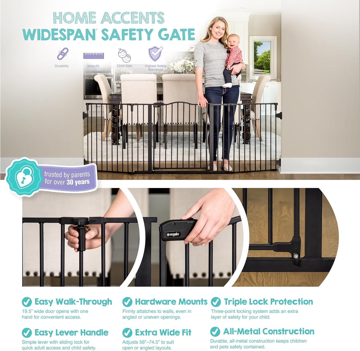Regalo Safety 192" Super Wide Baby Gate & Play Yard, 2-in-1 Convertible Extra Wide Safety Barrier, Hardware Mounted for Toddlers & Pets, Tested & Safe for 30 Years, American Designed & Owned, White