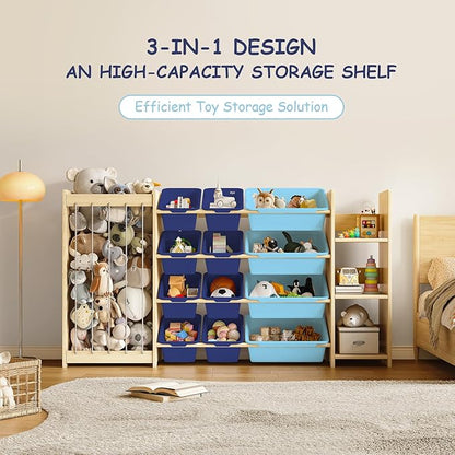 EXPERLAM 3-in-1 Toy Storage Organizer, Stuffed Animal Holder & 3-Tier Bookcase, Solid Wood Toy Organizer with 12 Storage Bins, Space-Saving Toy & Book Shelf for Kids Rooms, Bedroom, Playroom, Blue