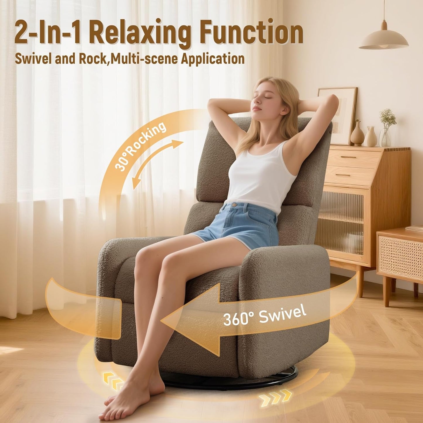 Korser 360° Rocking Chair, Nursery Rocker Chair with Side Pockets, Glider Nursing Chair with Steel Structure Base, Small Chair for Small Spaces, Sherpa Swivel Accent Chairs for Living Room, Nursing