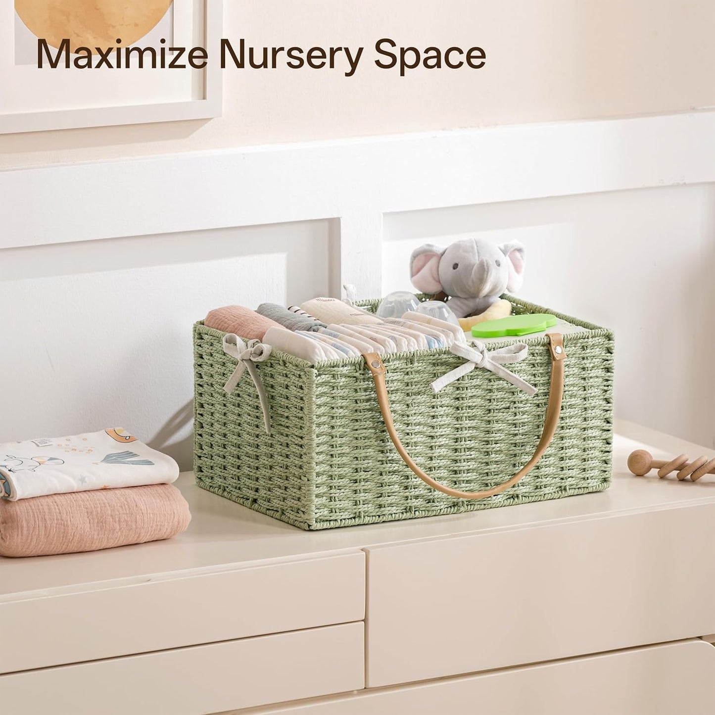 Angelhood Large Paper Rope Diaper Caddy, Baby Essentials Organizer, Portable Baby Shower Baskets Gift Bin, Car Storage Bag for Nursery