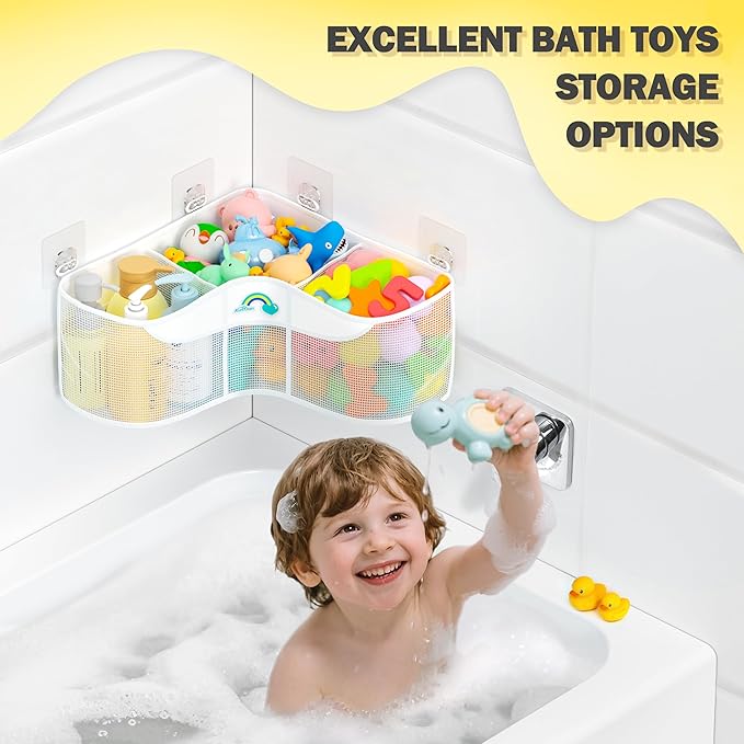 Austion 3-Compartment Corner Bath Toy Storage Organizer for Tub - Wide-Opening Mesh Kids Bath Toy Holder with Easy Sorting & Storage, Quick-Drying Machine-Washable Bathroom Organizer for Tidy Bathtub