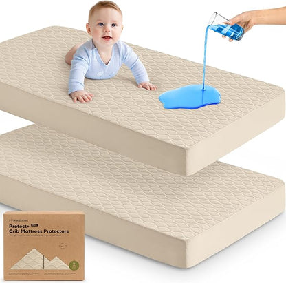 2-Pack Waterproof Crib Mattress Protector Cover Fitted - Quiet Baby Crib Mattress Pad Sheets, 52" x 28" Soft Quilted Cotton Baby Sheet, Machine Washable, Easy Fit, Durable (Oat/Mavy)