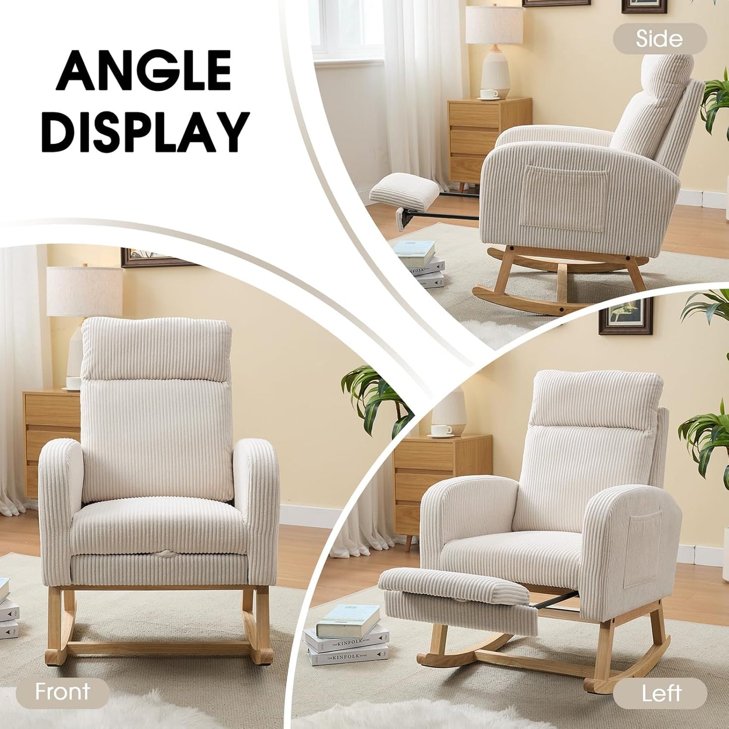 NIOIIKIT Nursery Rocking Chair, Corduroy Upholstered Rocking Chair with Adjustable Footrest, Tufted Rocker Chair with Side Pocket, Glider Rocker for Living Room, Bedroom (Cream Retro)