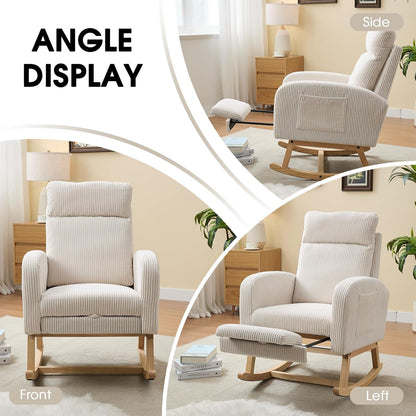 NIOIIKIT Nursery Rocking Chair, Corduroy Upholstered Rocking Chair with Adjustable Footrest, Tufted Rocker Chair with Side Pocket, Glider Rocker for Living Room, Bedroom (Cream Retro)