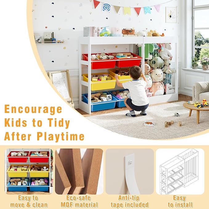 50.6" W X 39.4" H Toy Organizer, Large Toy Storage with 153L Stuffed Animal Storage for 80+ Medium Plushies, 6 Plastic Removable Bins, Toy Organizer Shelf for Girls Boys Playroom, Kids Room