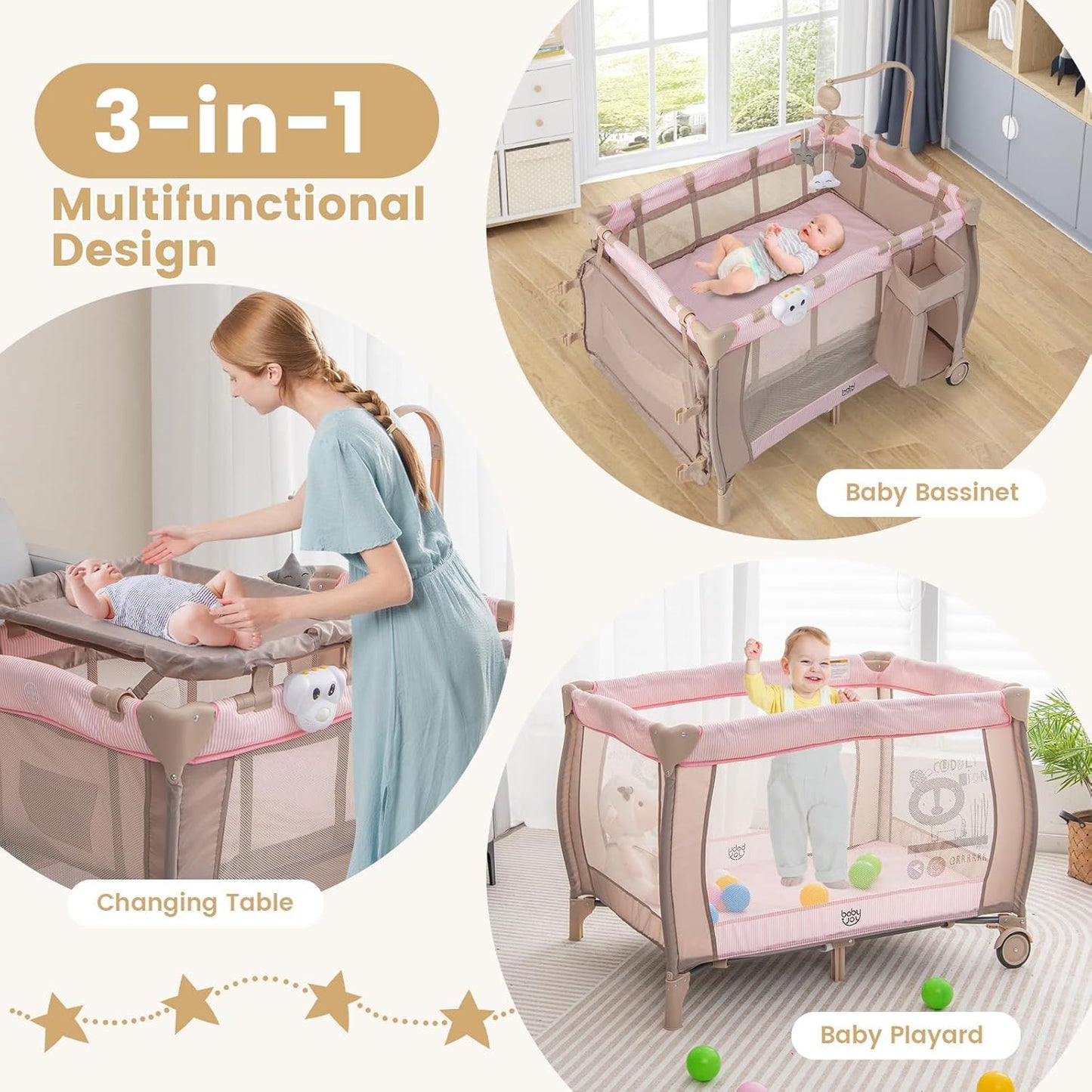 Costzon 3 in 1 Pack and Play with Bassinet, Portable Baby Playard with Changing Table, Music Box, Whirling Toys, Wheels/Brake, Basket, Foldable Infant Bassinet Crib for Baby Toddlers Indoor Outdoor