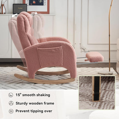FOXHUNTER Rocking Chair Nursery, Modern Glider Chair with Adjustable Footrest and Solid Wood Legs, High Backrest Nursery Chair with Side Pocket, Rocker Armchair for Living Room Bedroom, Teddy Ivory