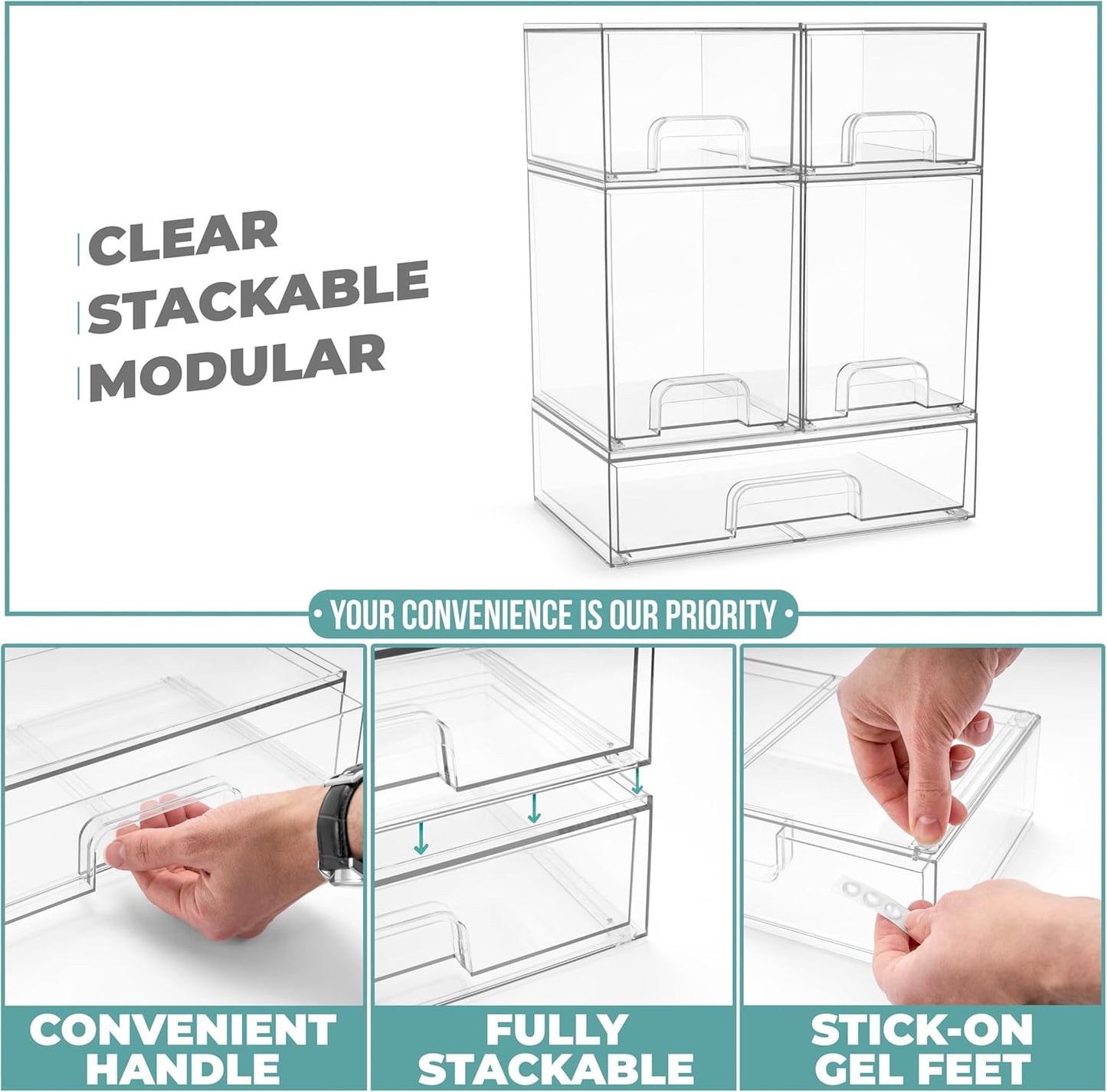 Sorbus Stackable Acrylic Storage Drawers – 2 Small + 2 Tall + 1 Wide – 5 Pack Clear Plastic Organizer Bins for Baby Bottles, Makeup, Bathroom & Vanity, Pull-Out Drawer Design for Kitchen Cabinets