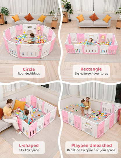 Baby Playpen, Dripex Baby Playard for Babies and Toddlers, 14-Panel Foldable Playpen Adjustable Portable Play Area, Indoor/Outdoor Kids Active Center with Game Panel & Safety Gate, Grey White