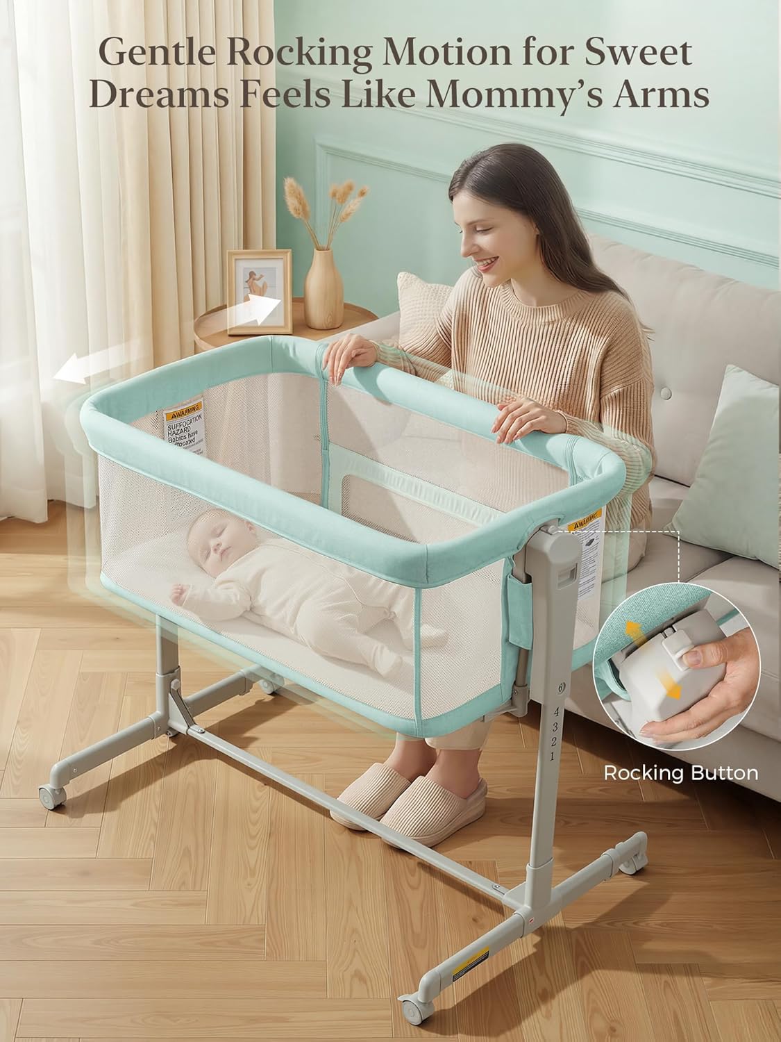ONTHEWEI Baby Bassinet Bedside Sleeper 3-in-1, Easy Night Feeding with One-Side Fold & Rolling Wheels, Breathable Mesh, 6-Height Adjustable, Soft Mattress for Newborns