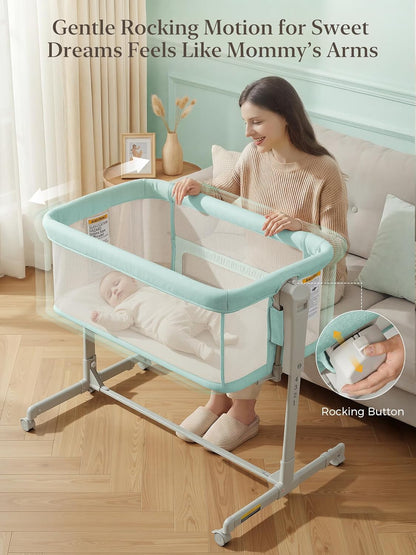 ONTHEWEI Baby Bassinet Bedside Sleeper 3-in-1, Easy Night Feeding with One-Side Fold & Rolling Wheels, Breathable Mesh, 6-Height Adjustable, Soft Mattress for Newborns