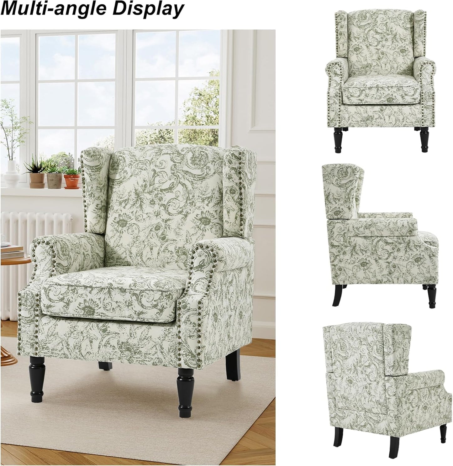 Swivel Rocker Recliner Chair, Manual Nursery Glider Recliner, Floral Fabric Wingback Accent Chair with Adjustable Backrest & Footrest for Small Spaces Living Room Bedroom (Plants Floral, Set of 1)