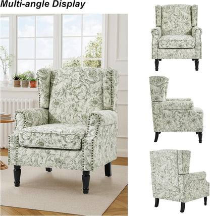 Swivel Rocker Recliner Chair, Manual Nursery Glider Recliner, Floral Fabric Wingback Accent Chair with Adjustable Backrest & Footrest for Small Spaces Living Room Bedroom (Plants Floral, Set of 1)