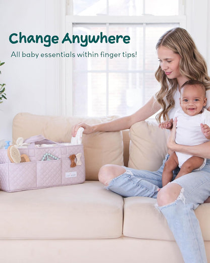 Lily Miles Baby Diaper Caddy Organizer, Quilted Nursery Storage Basket for Newborn Essentials and Diaper Changing Station, Gift for Baby Shower and Registry Must-Have (Willow Green)