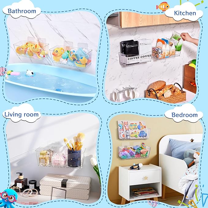 Antimbee Clear Bath Toy Storage, Large Capacity Bath Toy Holder, Quick Dry Bathtub Toy Storage Organizer, No Drill Adhesive Shower Caddy, Bathroom Shower Toy Basket for Baby Toddler Kids, 2 Pack