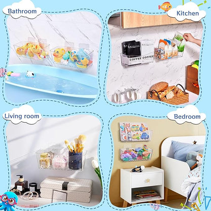 Antimbee Clear Bath Toy Storage, Large Capacity Bath Toy Holder, Quick Dry Bathtub Toy Storage Organizer, No Drill Adhesive Shower Caddy, Bathroom Shower Toy Basket for Baby Toddler Kids, 2 Pack