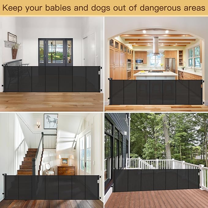 Reinforced 120 Inch Retractable Baby Gates Extra Wide Baby Gate to Prevent Crawling Through, Indoor/Outdoor Retractable Dog Gate, 10ft Scratch-resistant Mesh Child Gates for Doorways Extra Wide, Black