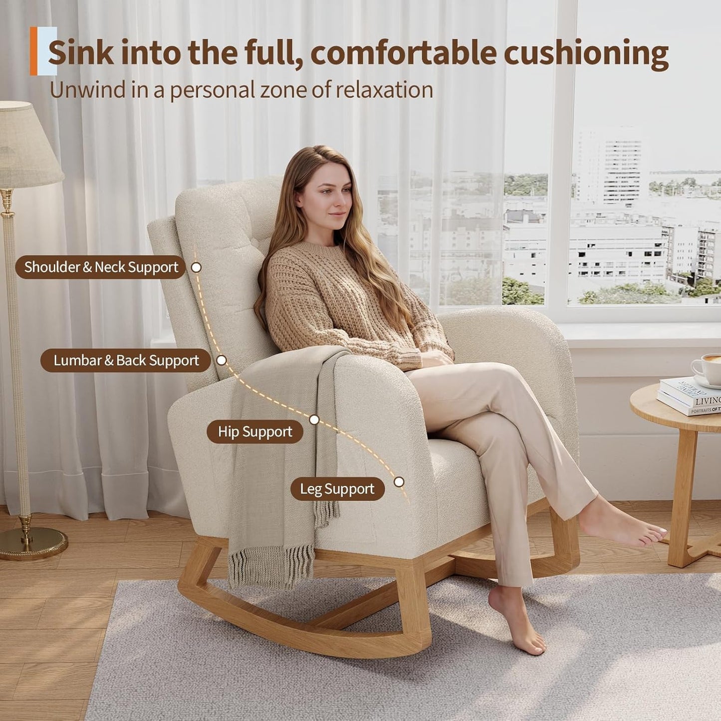 Modern Rocking Chair for Living Room, Comfortable Recliner Rocker with Side Pocket, Soft Linen Upholstered Glider Chair for Bedroom, Nursery, Lounge-Grey