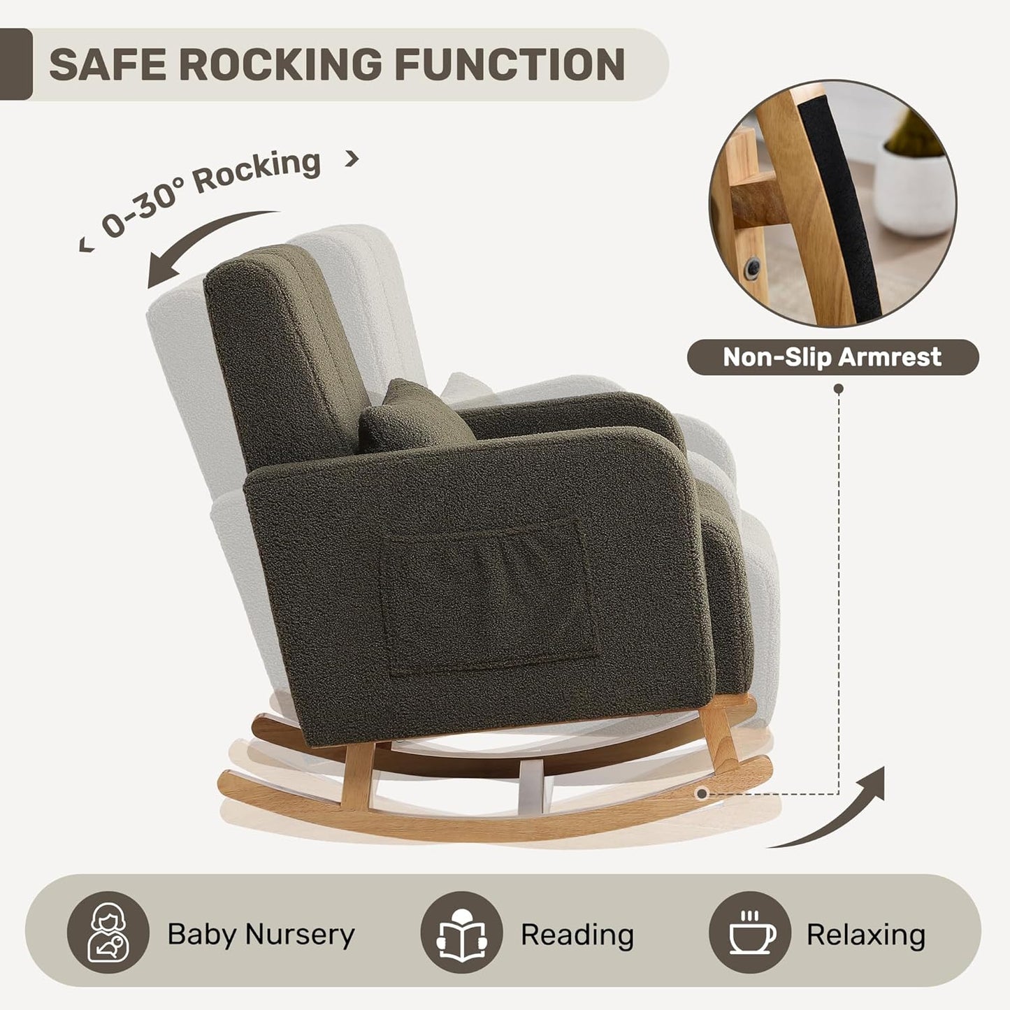 HCHAIRH Nursery Rocking Chair with Ottoman, Upholstered Glider Rocker with High Backrest Side Pocket, Rocking Accent Armchair with Solid Wood Legs for Nursery, Living Room, Bedroom, Light Grey