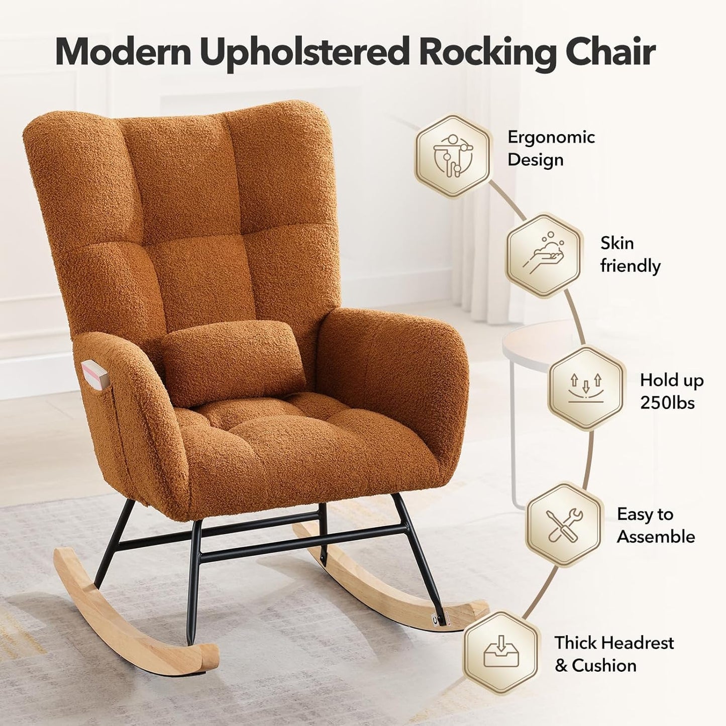 Teddy Glider Rocker, Nursery Nursing Chair for Adults, Compact Space-Saving Rocking Chair for Living Room, Bedroom & Small Spaces,Brown