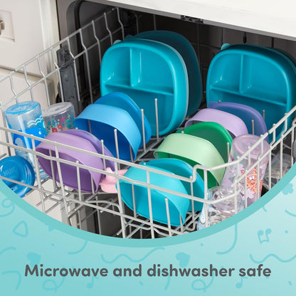 NUK Silicone Baby Tableware Bundle, Includes 1 Plate, 1 Bowl, 1 Cup, & 1 Spoon, Durable Suction Feature Helps Reduce Spills, Microwave-Safe, BPA-Free