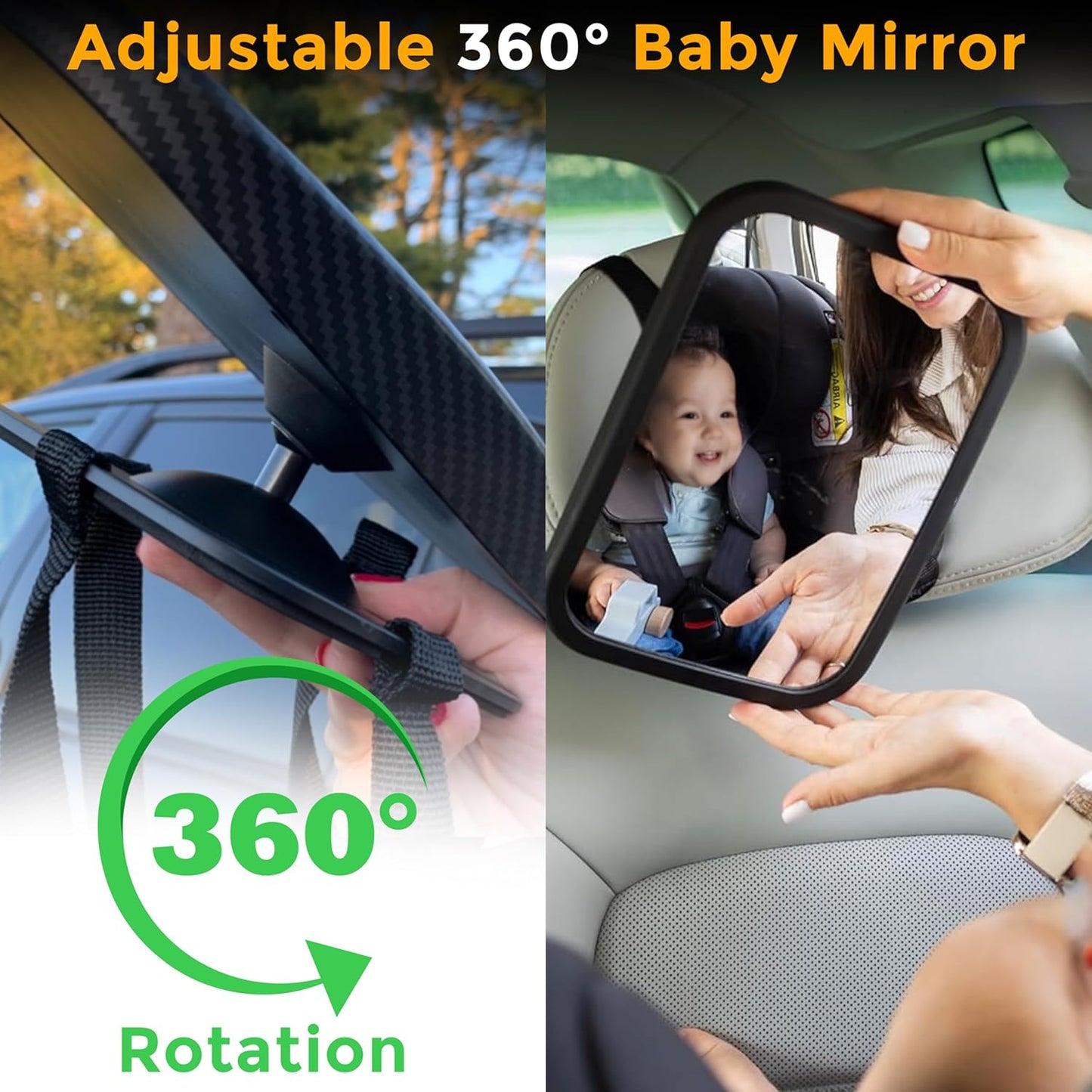EcoNour Baby Car Mirror - 11.5 x 7.5 inches Safety Seat Mirror for Rear Facing Infant with 360 Degree Rotatable Shatterproof Design - Monitor Your Child While Driving