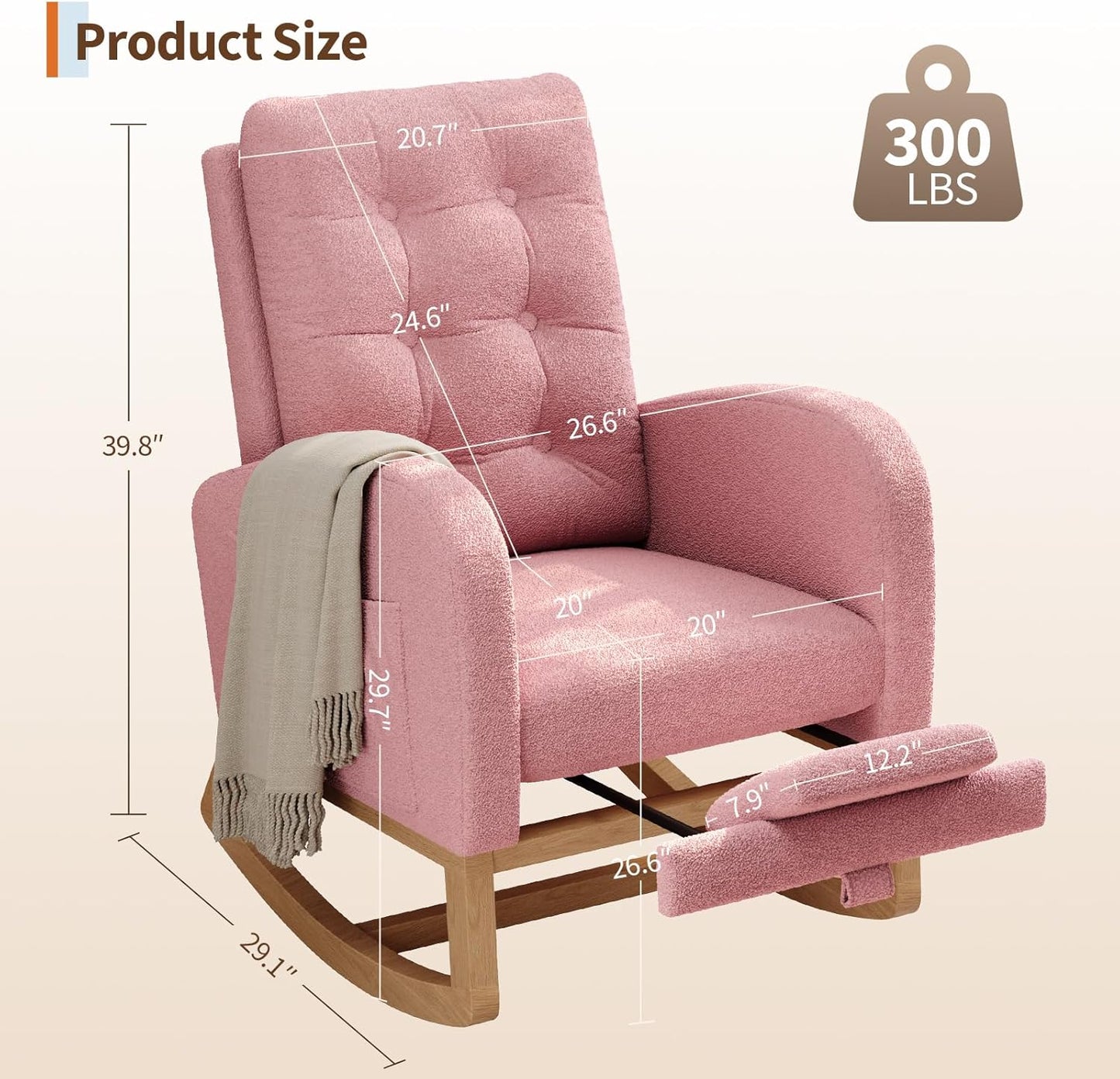 GarveeHome Nursery Rocking Chair with Adjustable Footrest, Teddy Fleece Upholstery, Sturdy Wooden Legs & High Backrest, Comfortable Glider Rocking Chair for Living Room or Bedroom, Pink