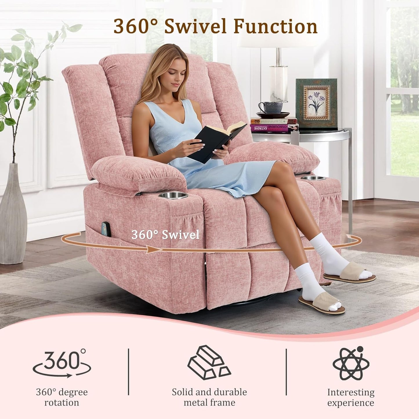 Korser 360° Swivel Rocker Recliner for Adults, Nursery Glider Recliner with Massage and Heating, Rocking Chair with Cup Holder, Manual Recliner Chair for Living Room, Bedroom (Fabric, Beige)