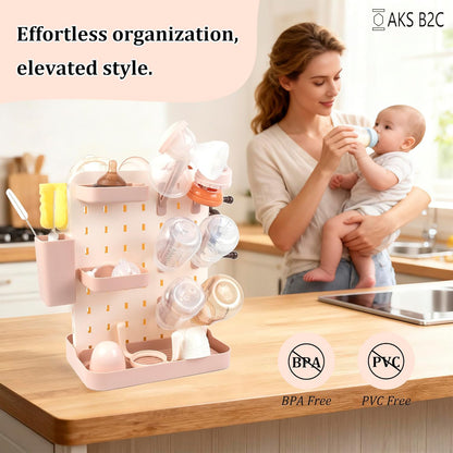 Baby Bottle Drying Rack Space Saving Countertop Vertical Rack with Brushes Holder (Pink)