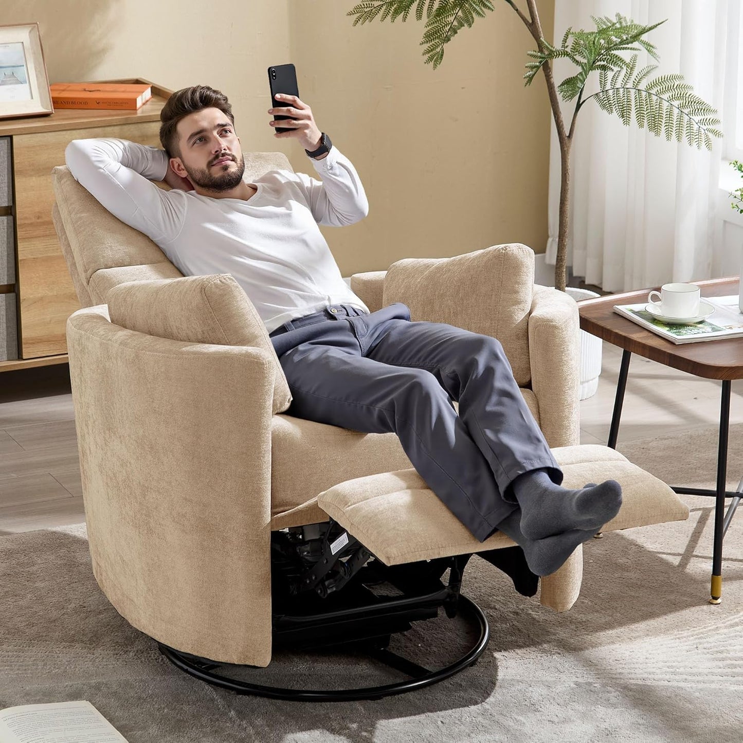 Power Recliner,Nursery Swivel Glider Rocking Chair with USB Port,Upholstered Adult Electric Recliner Rocking Chair with 2 Pillows for Living Room Bedroom (Beige Corduroy, Power-Driven)