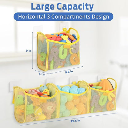 Bath Toy Storage, Goowin Bath Toy Holder, 3 Compartment Large Openings Bath Toy Organizer, Large Capacity Bath Tub Toy Holder, Kids Bathtub Toy Storage for Accessing & Sorting Toys (Yellow, Upgrade)