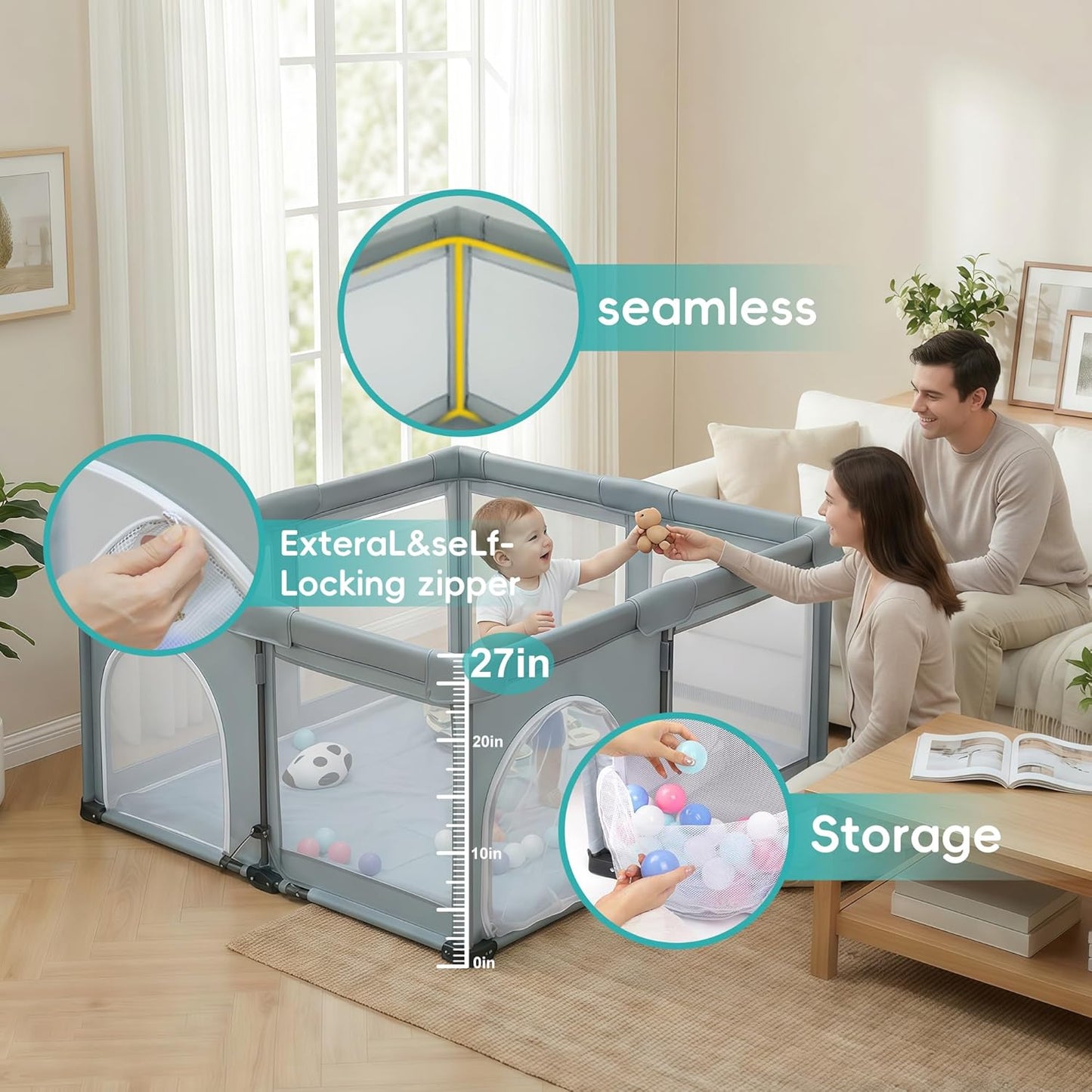 Baby Playpen Foldable, Heyo.Ja Large Play Yard, Playpen for Babies and Toddlers, Play Pens for Babies and Toddlers with Gate, Indoor & Outdoor Portable Play Pen (71"×59")