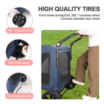 Large Dog Travel Stroller with 4 Heavy Duty Wheels Pet Stroller with Adjustable Handle - Double Doggie Capacity Jogger Wagon with Back Front Door for Small Medium Large Dogs (Dark Light Gray)