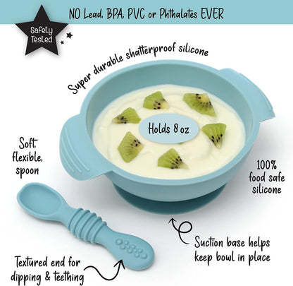 PrimaStella Unbreakable Silicone Non-Slip Bowl and Chew Spoon Set for Babies and Toddlers (Rainbow Swirl)