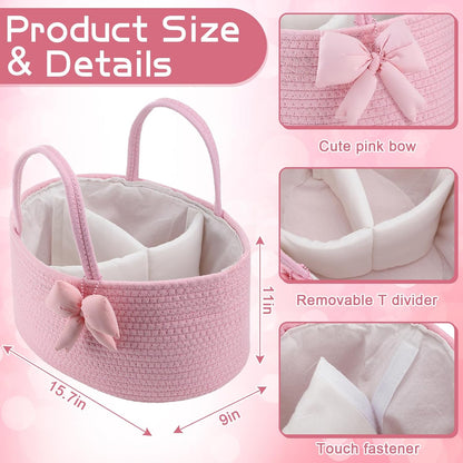 Hushee Pink Bow Baby Diaper Caddy Organizer Baby Gift Bag with Handle Nursery Diaper Basket Organizer for Newborn Boy and Girl Storage Bin for Diapers Wipes New Mom Gift