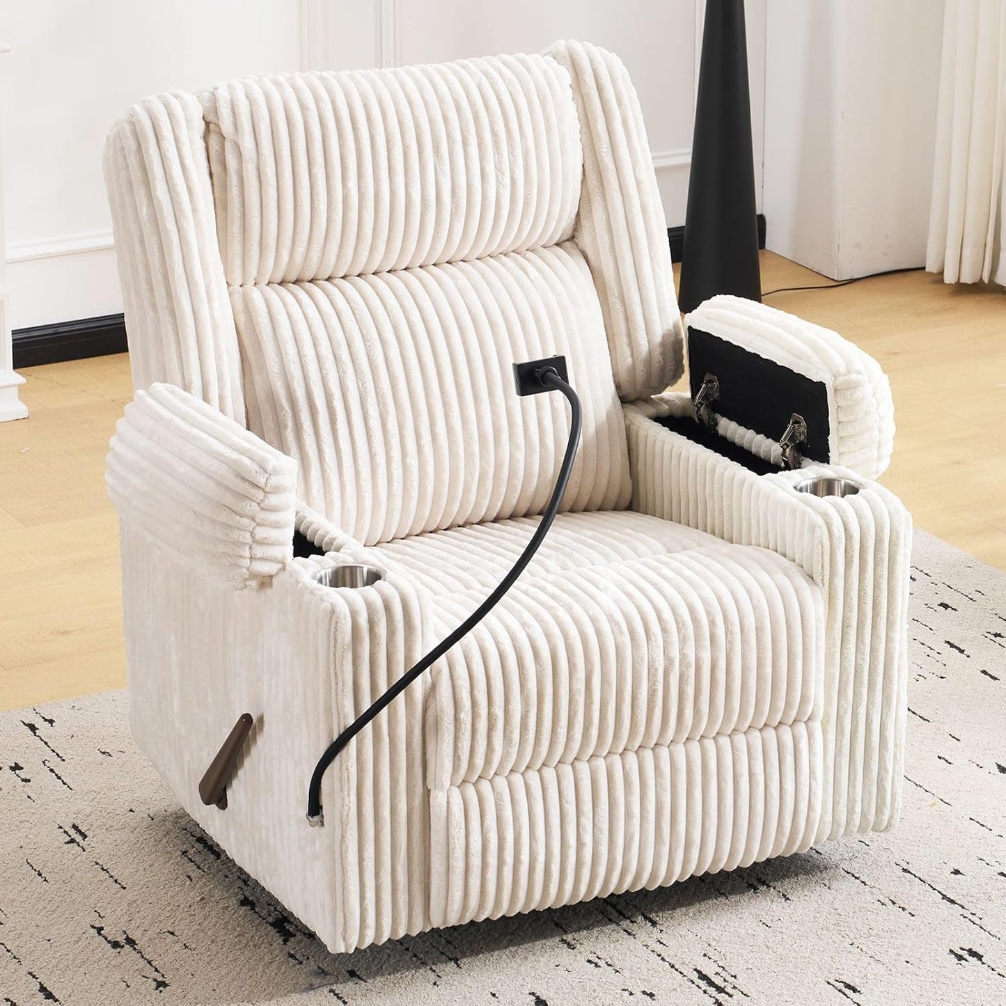 Oversized Power Recliner Chair with Massage and Heat, Swivel Rocker Recliner Chair for Adults with Arm Storage, Nursery Glider Recliner with Adjustable Headrest and Phone Stand, Side Pockets, Beige
