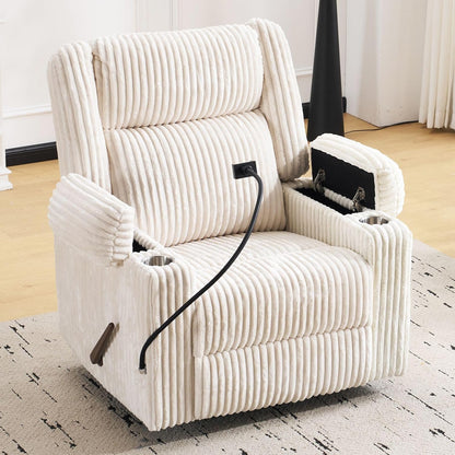 Oversized Power Recliner Chair with Massage and Heat, Swivel Rocker Recliner Chair for Adults with Arm Storage, Nursery Glider Recliner with Adjustable Headrest and Phone Stand, Side Pockets, Beige