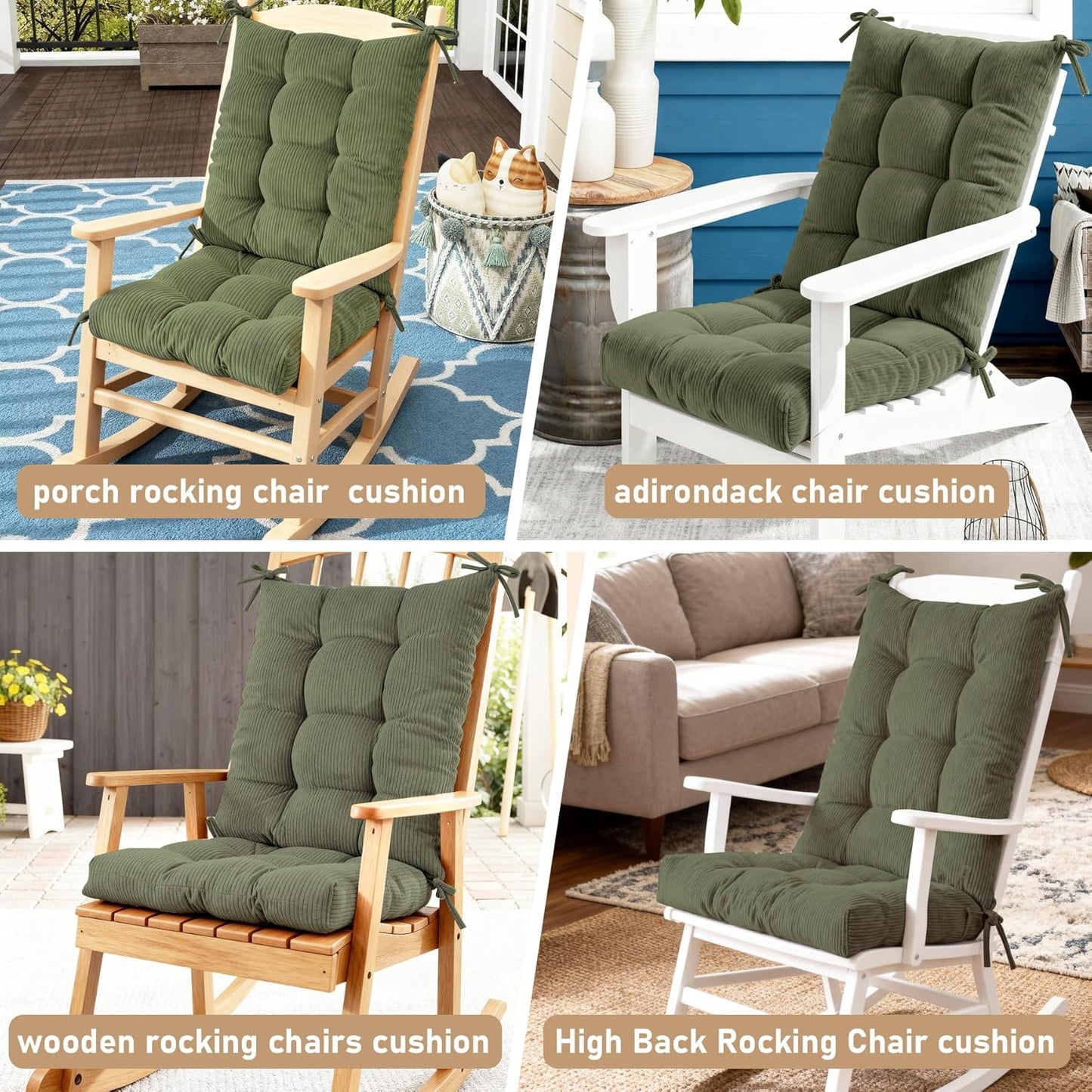 Rocking Chair Cushion with Ties Non-Slip Outdoor Rocking Chair Cushion Set Waterproof Fade-Resistant Porch Garden Patio Glider Rocker Cushions
