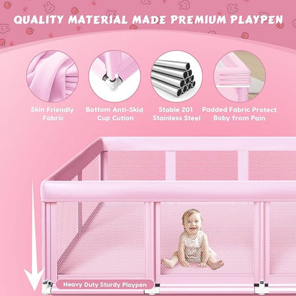 Fshibila 74" ×50" Large Baby Playpen, Baby Playard for Babies and Toddlers, Play Pens for Indoor & Outdoor, Sturdy Safety Play Yard with Soft Breathable Mesh, Anti-Fall, Pink