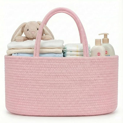 luxury little Diaper Caddy Organizer, Large Cotton Rope Nursery Baby Basket, Changing Table Organizer for Baby Diaper Storage, Portable Car Organizer Removable Divider (Light Pink, Large)
