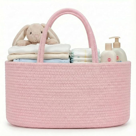 luxury little Diaper Caddy Organizer, Large Cotton Rope Nursery Baby Basket, Changing Table Organizer for Baby Diaper Storage, Portable Car Organizer Removable Divider (Light Pink, Extra Large)